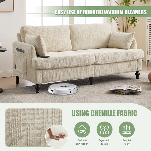 English Elm Modern chenille 2-seater sofa with LED, USB charging, storage pocket, solid wood legs, durable comfort Beige W395P318540