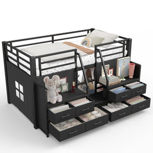 English Elm Twin Low Loft Bed with Shelves Fabric Drawers and Under Bed Study Nook Metal Frame Black W5305S00043