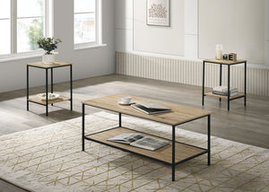 English Elm Rustic 3pc Table Set with Wrought Metal Abstract Side Panels Engineered Wood Tops Durable Charm Natural 47 L x 21 W x 5 H B2741P392069