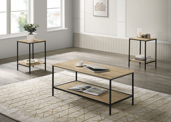 English Elm Rustic 3pc Table Set with Wrought Metal Abstract Side Panels Engineered Wood Tops Durable Charm Natural 47 L x 21 W x 5 H B2741P392069