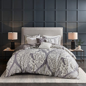 English Elm Full/Queen Vienna 6 Piece Printed Duvet Cover Set – 100% Cotton Sateen, OEKO-TEX, Damask Chic, Flange Accent, Pillows Included B03597322