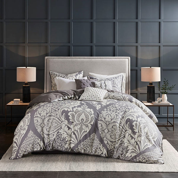 English Elm King/Cal King Vienna 6-Piece Printed Cotton Sateen Duvet Set — Damask, Flange, Embroidered Pillows B03597323