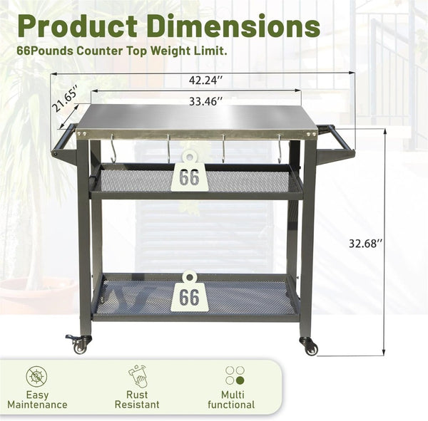 English Elm 3-shelf Outdoor Grill Cart with Stainless Steel Top Rolling Wheels Bbq Prep Station W1859P191833