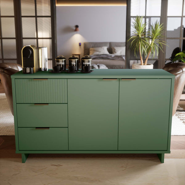 English Elm Granville 55" Sideboard with Solid Wood Ribbed Drawers, Gold Steel Handles & 3 Concealed Shelves Sage Green B365S00116