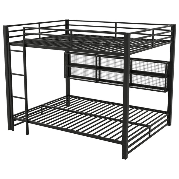 English Elm Metal Queen over Queen Bunk Bed with Storage Cabinets, LED Lighting, Sturdy Black Metal Frame, Space-Saving Design N7090000672B