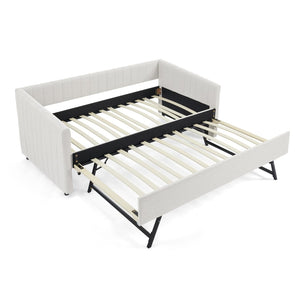 English Elm Twin Size Daybed With Trundle - Elegant Upholstered Sofa Bed In Beige Linen With Stripes, Space-Saving W1413S00090-GIGA