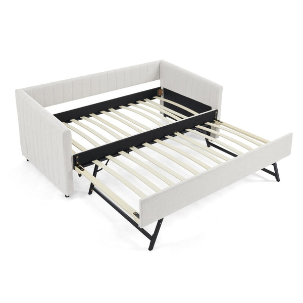 English Elm Twin Size Daybed With Trundle - Elegant Upholstered Sofa Bed In Beige Linen With Stripes, Space-Saving W1413S00090-GIGA