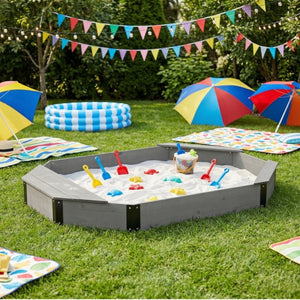 English Elm Octagon Solid Wood Sandbox with Built-in Bench Seating Cover and Liner for Backyard Play Grey W2640P470152