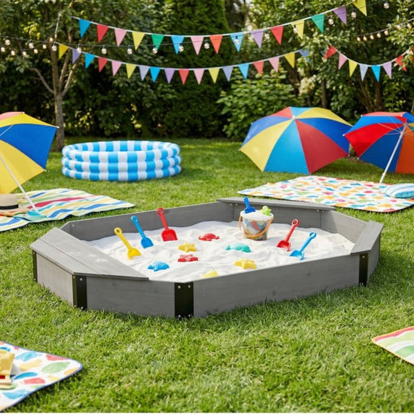English Elm Octagon Solid Wood Sandbox with Built-in Bench Seating Cover and Liner for Backyard Play Grey W2640P470152