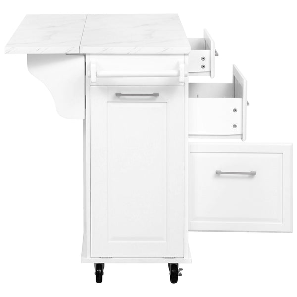 English Elm K&K Vintage Convex Kitchen Island Cart with Faux Marble Top, Tilt Trash, Pull-Out Organizer, Wheels White N707P299008W