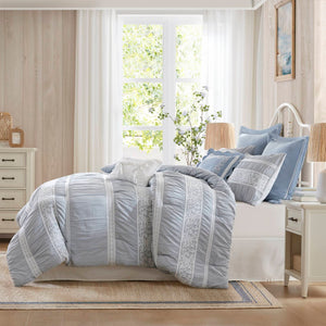 English Elm 7-piece King Jacquard Comforter Set Lace Detail Chambray Cottage Bedroom Ensemble Blue B035P482887