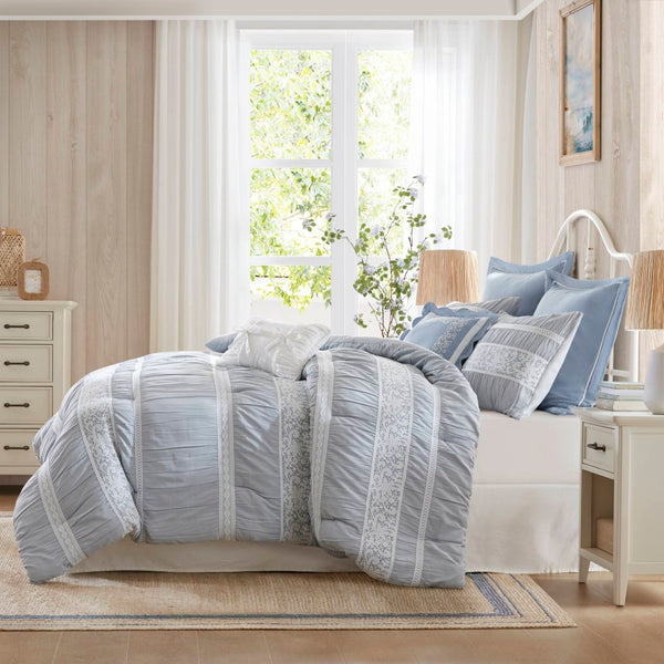 English Elm 7-piece King Jacquard Comforter Set Lace Detail Chambray Cottage Bedroom Ensemble Blue B035P482887