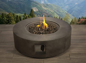 English Elm 12" Round Fibre Concrete Outdoor Fire Pit Table with Push Button Ignition Lava Rock B120P203736