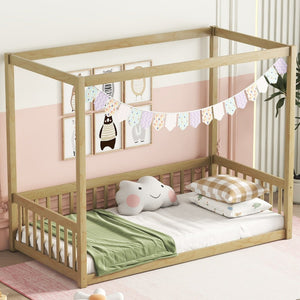 English Elm Twin Canopy Frame Floor Bed With Guardrails - Cozy, Safe Pine Design For Kids' Imaginative Spaces W504P143279-GIGA