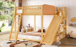 English Elm Full Size Kids Loft Bed Pine Frame Upholstered Headboard Built in Slide and Storage Shelves Natural W1580S00306