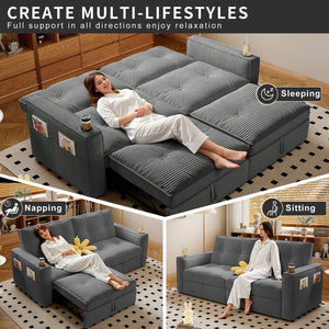 English Elm SOMNUS Convertible Sofa Bed with Corduroy Upholstery, Space-Saving 2-in-1 Design, Durable Steel Frame Grey W3820S00013