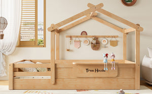 English Elm Twin Low Loft Bed Solid Pine Frame with Built-in Led Lighting and Storage Shelves Natural W1580P396331