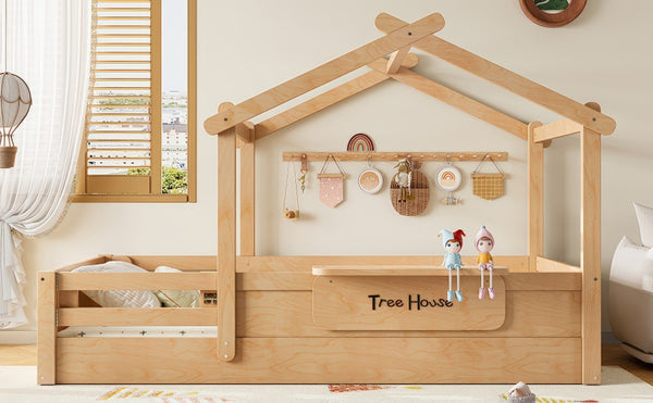 English Elm Twin Low Loft Bed Solid Pine Frame with Built-in Led Lighting and Storage Shelves Natural W1580P396331