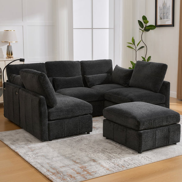 English Elm Modern Sectional Sofa: Versatile U-Shaped Couch With Usb Ports, Movable Ottoman & Lumbar Pillows N719S002050B