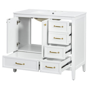 English Elm Christopher Knight Home® - 36" Vintage-inspired Bathroom Vanity with Ceramic Sink, Solid Wood Frame, Soft-Close Drawers, Spacious Storage White N759P293646K