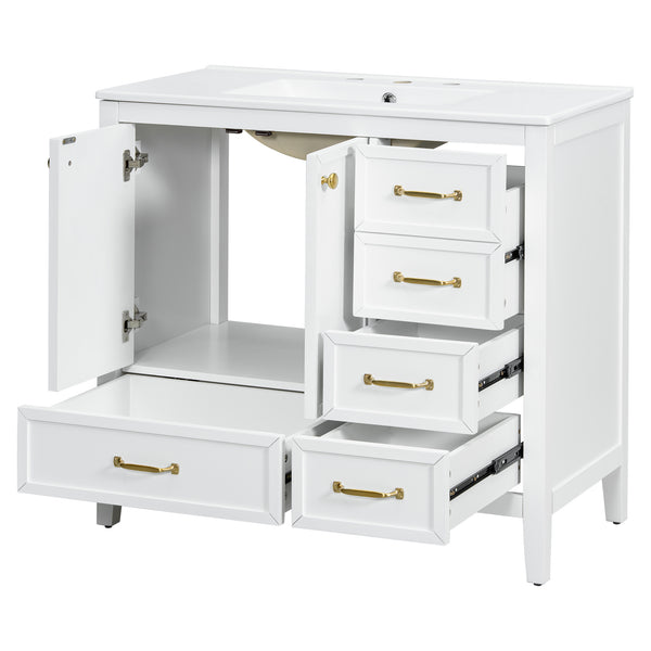 English Elm Christopher Knight Home® - 36" Vintage-inspired Bathroom Vanity with Ceramic Sink, Solid Wood Frame, Soft-Close Drawers, Spacious Storage White N759P293646K