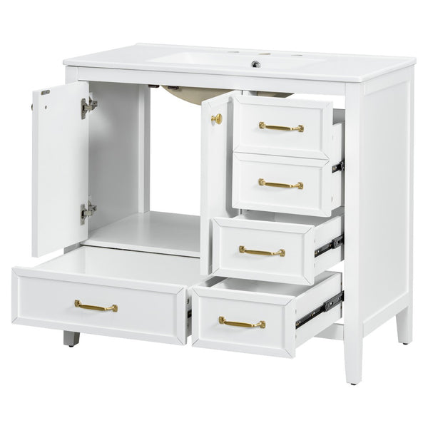 English Elm 36" Solid Pine Bathroom Vanity with Ceramic Sink 4 Soft Close Drawers Vintage Style White N759S293646K
