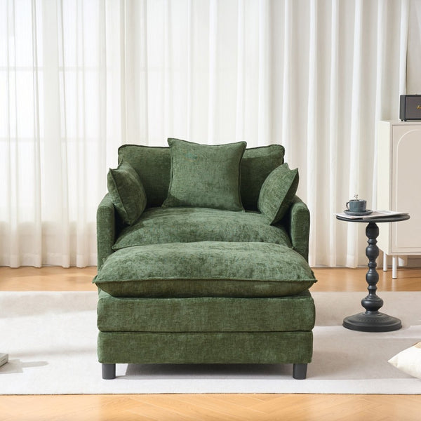 English Elm 39.4" Chenille Club Chair with Ottoman Solid Wood Frame Contemporary Living Room Seat Green W3244P427726