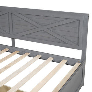English Elm Twin Wood Daybed with 2 Drawers Rustic Guardrail in Ancient Grey — Storage Twin Bed, Pine MDF Craftsmanship, 300lb Capacity N709P179657E