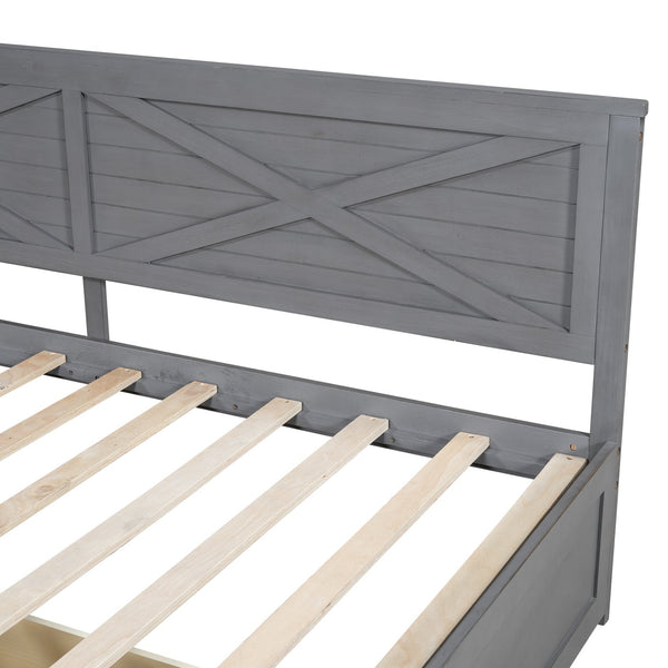 English Elm Twin Wood Daybed with 2 Drawers Rustic Guardrail in Ancient Grey — Storage Twin Bed, Pine MDF Craftsmanship, 300lb Capacity N709P179657E