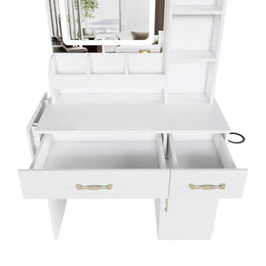 English Elm Vanity Desk with Led Mirror Touch Light Power Outlet Drawers and Storage Stool W2700P342538