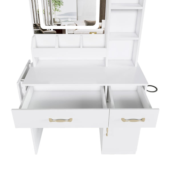 English Elm Vanity Desk with Led Mirror Touch Light Power Outlet Drawers and Storage Stool W2700P342538