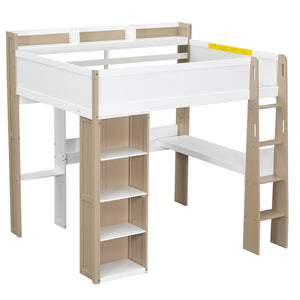 English Elm Full Size Wood Loft Bed With Desk, Wardrobe & Storage Shelves - Stylish Space-Saving Solution! N7090005007K