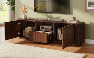 English Elm 70-inch Media Console with Sliding Groove Doors Solid Pine Legs and Cable Management N710P427899P