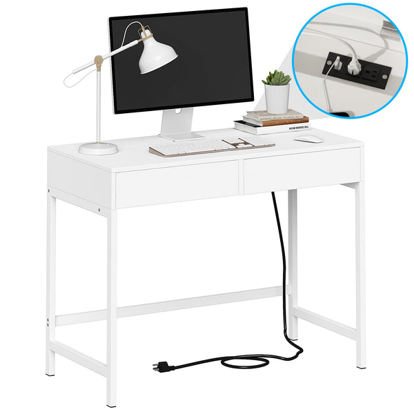 English Elm 40" Charging Station Desk with Built-In Outlets & USBs, 2 Drawers, Waterproof MDF, Compact Elegance White T3771P370772