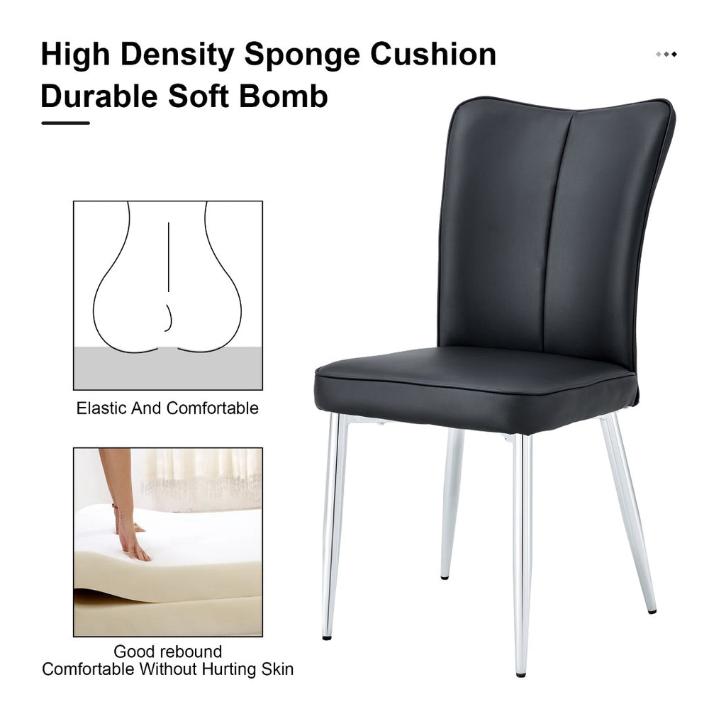 English Elm Modern Pu Leather Dining Chair Set of Six with Curved Back and Polished Metal Legs Black+Silver W1151P370777