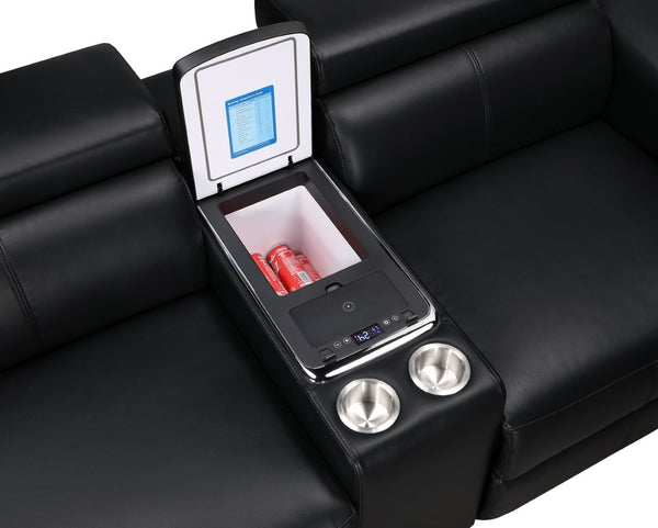 English Elm Nova Entertainment Sectional Sofa with Led Bar Fridge Console and Bluetooth Speaker Black B009S02164
