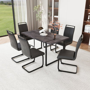 English Elm 59 Inch Industrial Farmhouse Dining Set with Mdf Table and Six Upholstered Chairs Black W2189S00926
