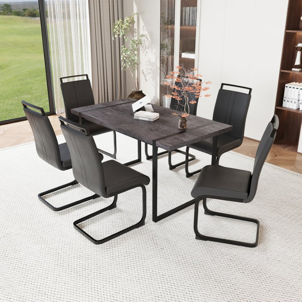 English Elm 59 Inch Industrial Farmhouse Dining Set with Mdf Table and Six Upholstered Chairs Black W2189S00926