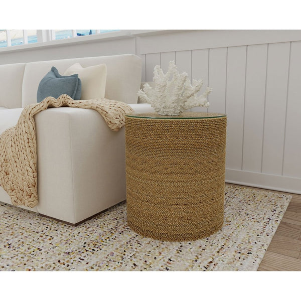 English Elm Burma Seagrass Woven Round Side Table with Tempered Glass Top for Coastal Living B062P441426