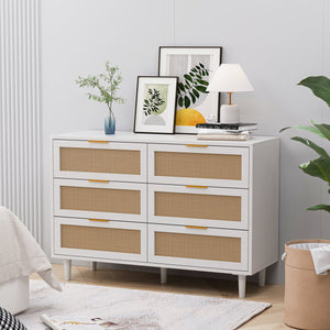 English Elm 43.31"6-Drawers Rattan Storage Cabinet with Woven Fronts, Stable White Dresser for Bedroom & Living Room W757P234587