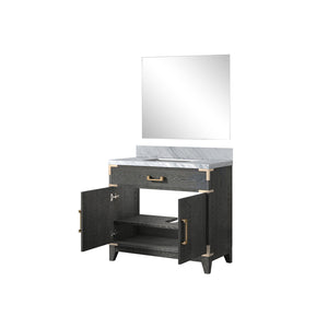 English Elm Black Oak Single Bath Vanity With Carrara Marble Top And 34-Inch Mirror – Elegant Storage Solution! B2731S02125