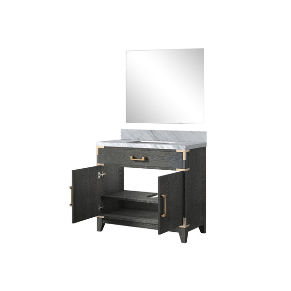 English Elm Black Oak Single Bath Vanity With Carrara Marble Top And 34-Inch Mirror – Elegant Storage Solution! B2731S02125