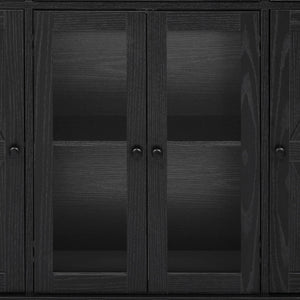 English Elm K&K 53" Farmhouse Kitchen Island with Drop Leaf, Tempered Glass Doors, Power Outlet, Rolling Cart Black N707P263637B