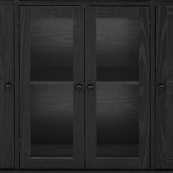 English Elm K&K 53" Farmhouse Kitchen Island with Drop Leaf, Tempered Glass Doors, Power Outlet, Rolling Cart Black N707P263637B