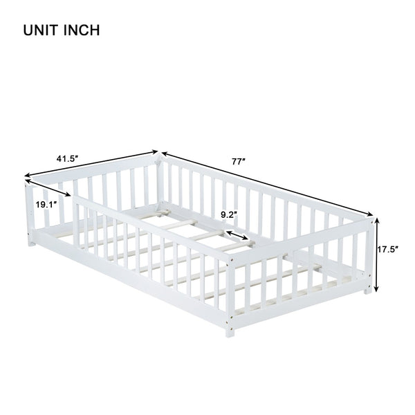 English Elm Twin Solid Rubberwood Floor Bed with Full Perimeter Safety Rails for Toddler Rooms White W504P296795