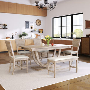 English Elm Topmax Six Piece Rubberwood Dining Set with Bench Linen Seats Sculptural Modern Style Seadrift N717S000029A