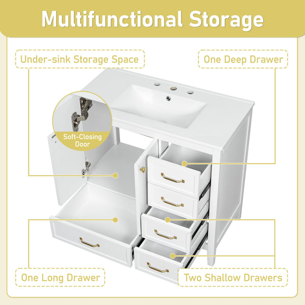 English Elm Christopher Knight Home® - 36" Vintage-inspired Bathroom Vanity with Ceramic Sink, Solid Wood Frame, Soft-Close Drawers, Spacious Storage White N759P293646K