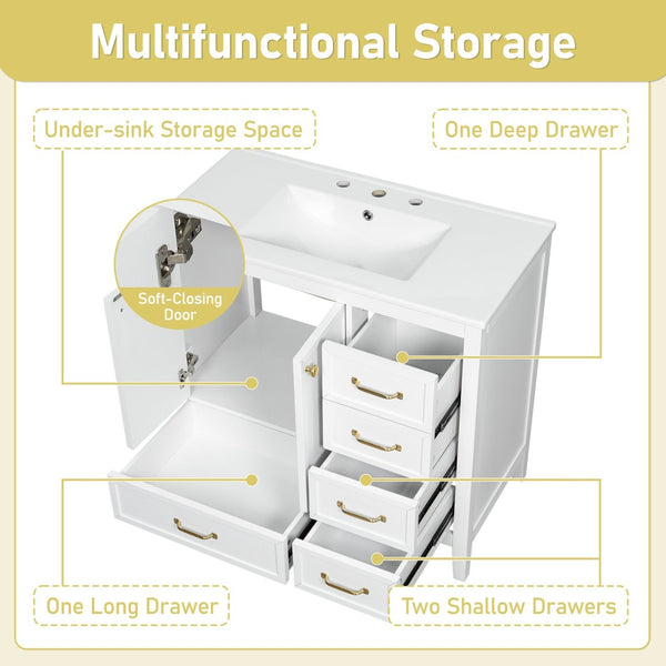 English Elm 36" Solid Pine Bathroom Vanity with Ceramic Sink 4 Soft Close Drawers Vintage Style White N759S293646K
