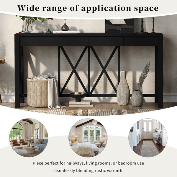 English Elm U_Style 60'' Acacia Veneer Console Table - Stylish X-Base With 4 Drawers & Open Shelf For Versatile Storage N711P289747B-GIGA