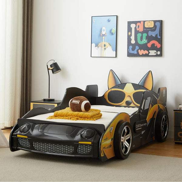 English Elm Cool Cartoon Car Bed with LED Headlights, Black & Yellow Racing Dog Design, Safe Rounded Rails, Sturdy MDF Frame for Kids W2237S00018
